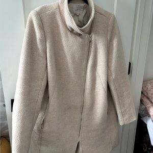 LOFT Cream Herringbone Asymmetric Zip Pea Coat
